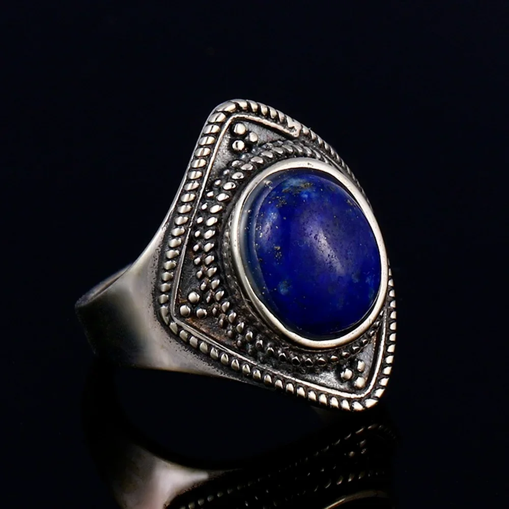 

925 Sterling Silver Vintage Ring for Women Men Natural 8x10MM Oval Lapis Rings Anniversary Party Jewelry Gift Fine Jewelry