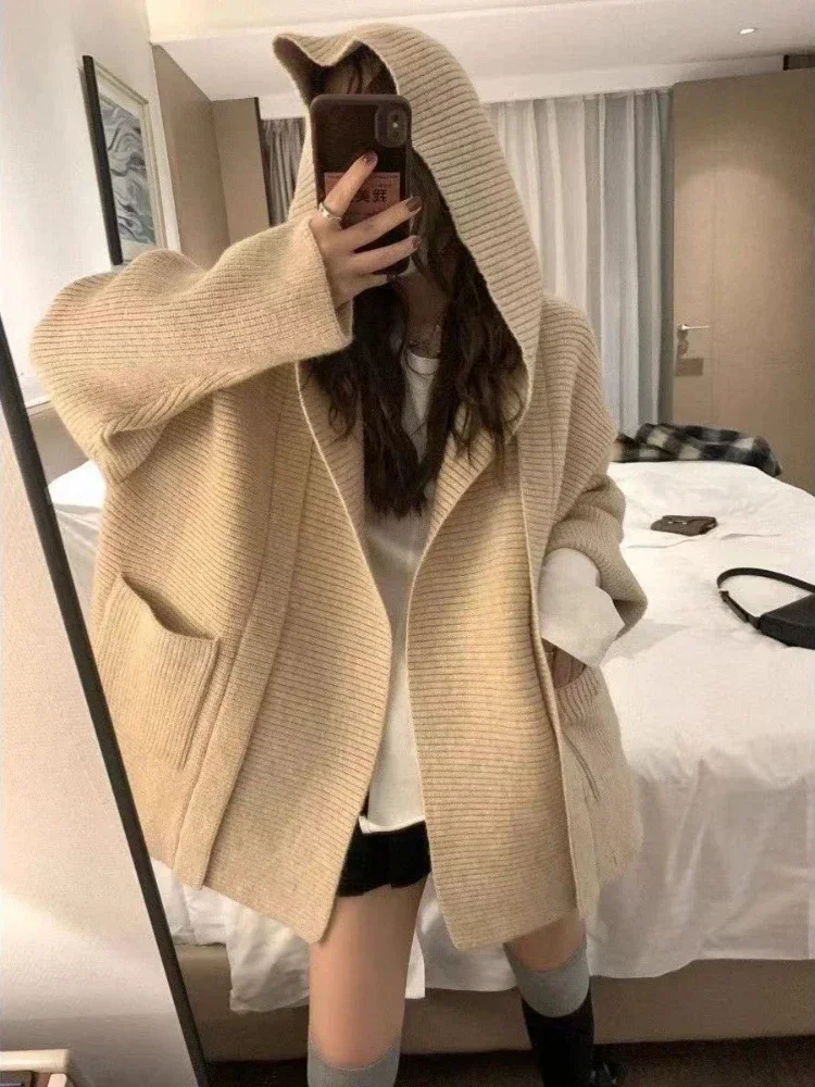 

2024 Autumn/Winter Fashion New Women's Knitted Warm Coat Knitted Hooded Loose Waist Cardigan Pocket Long Cardigan Women Jumper