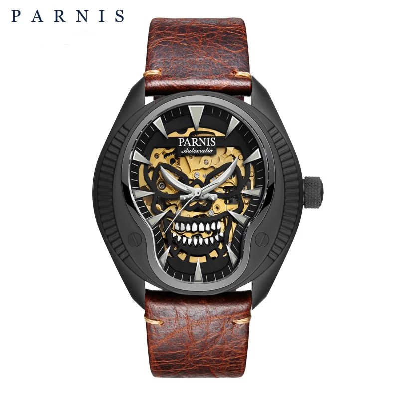 

Luxury Parnis 43mm Black Case Mechanical Automatic Men's Watches Sapphire Glass Leather Strap Men Luminous Watch reloj hombre