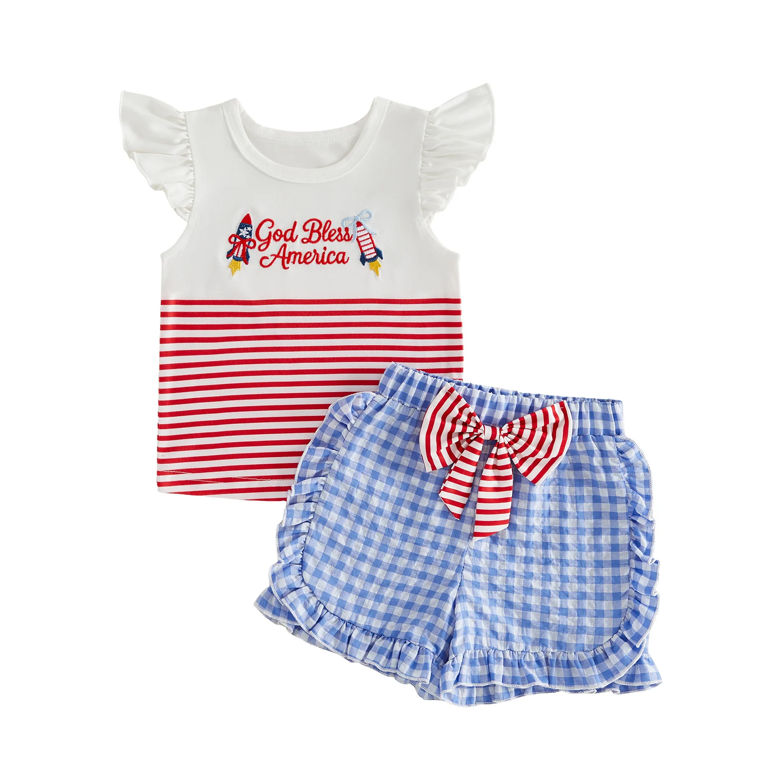 Little Girls Independence Day Outfits Adorable Letter Rocket Embroidery Flying Sleeve Round Neck Tops and Plaid Shorts Set