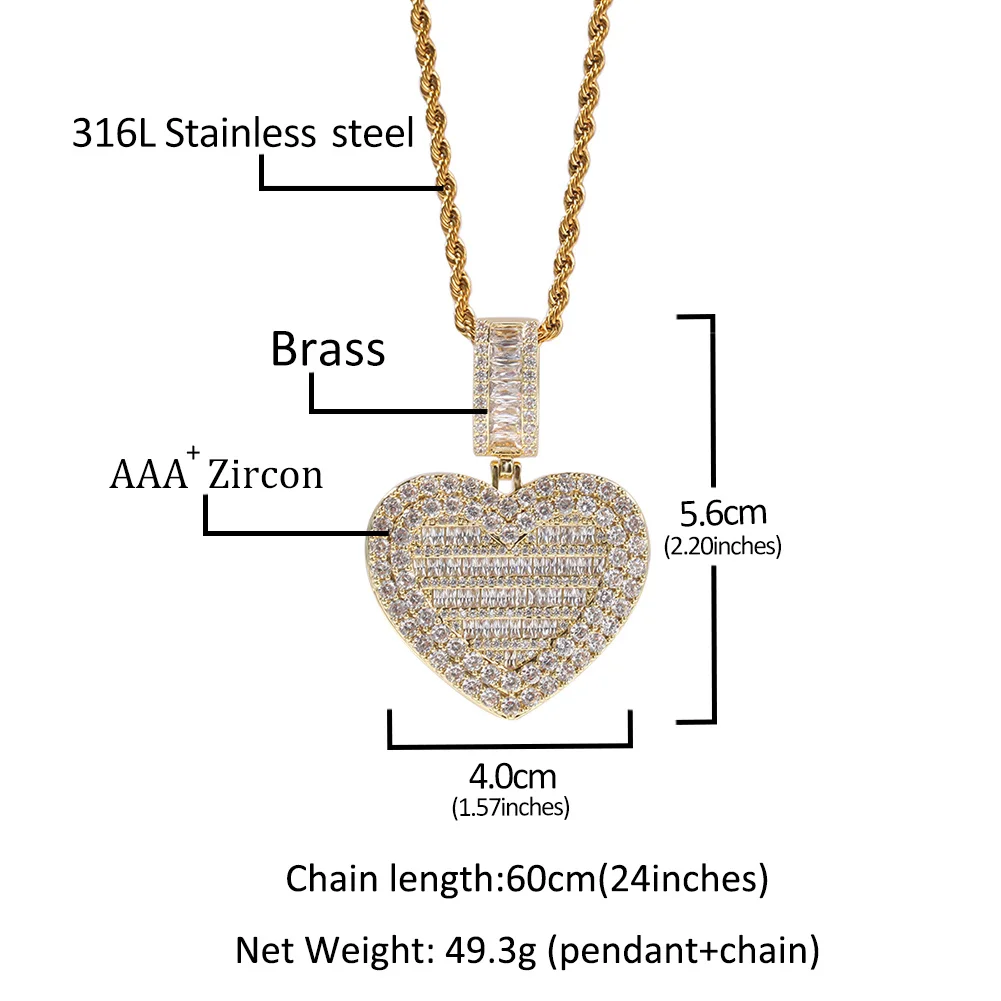 Uwin Custom Big Heart Photo Memory Medallions Pendant Necklace Heart Shape Cubic Zircon Men's Hip Hop Jewelry For Drop Shipping