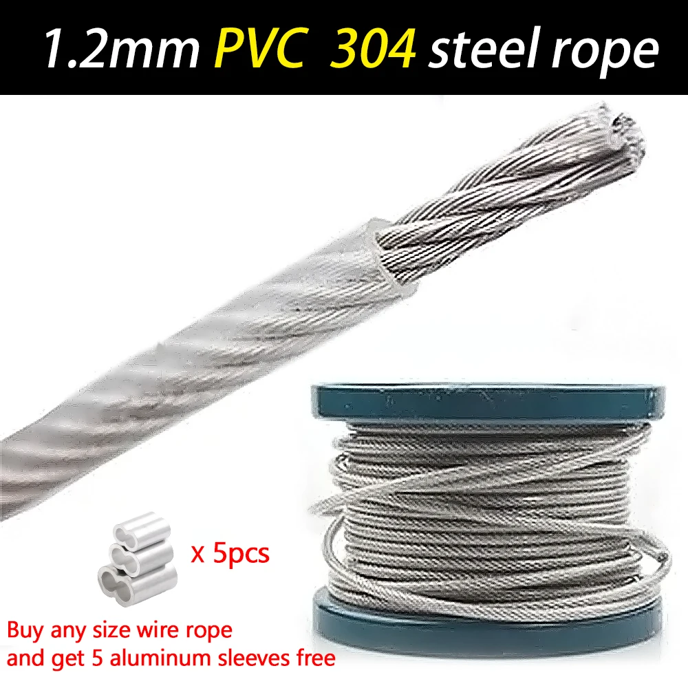 

20/50100 Meter 1.2mm Diameter Transparent PVC Coated Steel Wire Rope 7X7 Structure Flexible Soft Cable Hanging Rope Fishing Line