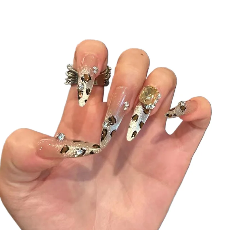 

Popular Wearing Nail Advanced Sense Leopard Print Flash Diamond Handmade Nail Art Tablets Detachable Spice Girl Pure Desire