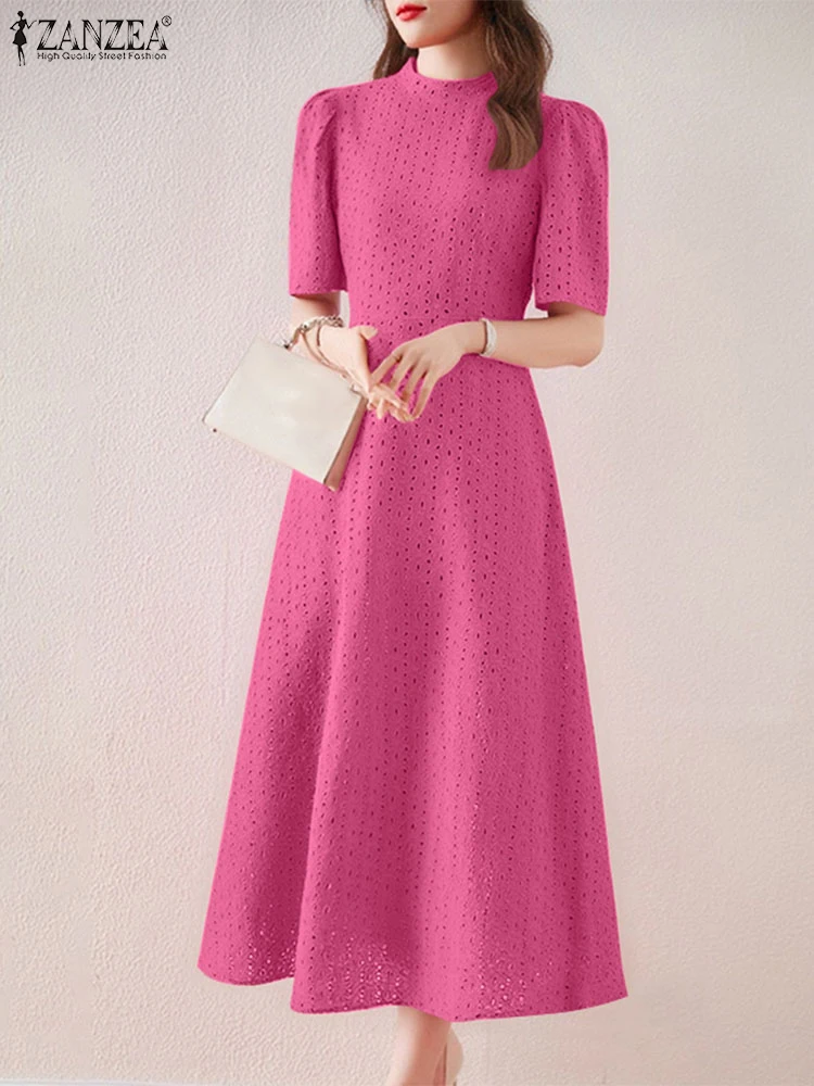 

ZANZEA Women Puff Sleeve Midi Dresses Fashion Patchwork Fitted Waist Openwork Embroidery Party Vestidos Elegant 2025 Summer Robe