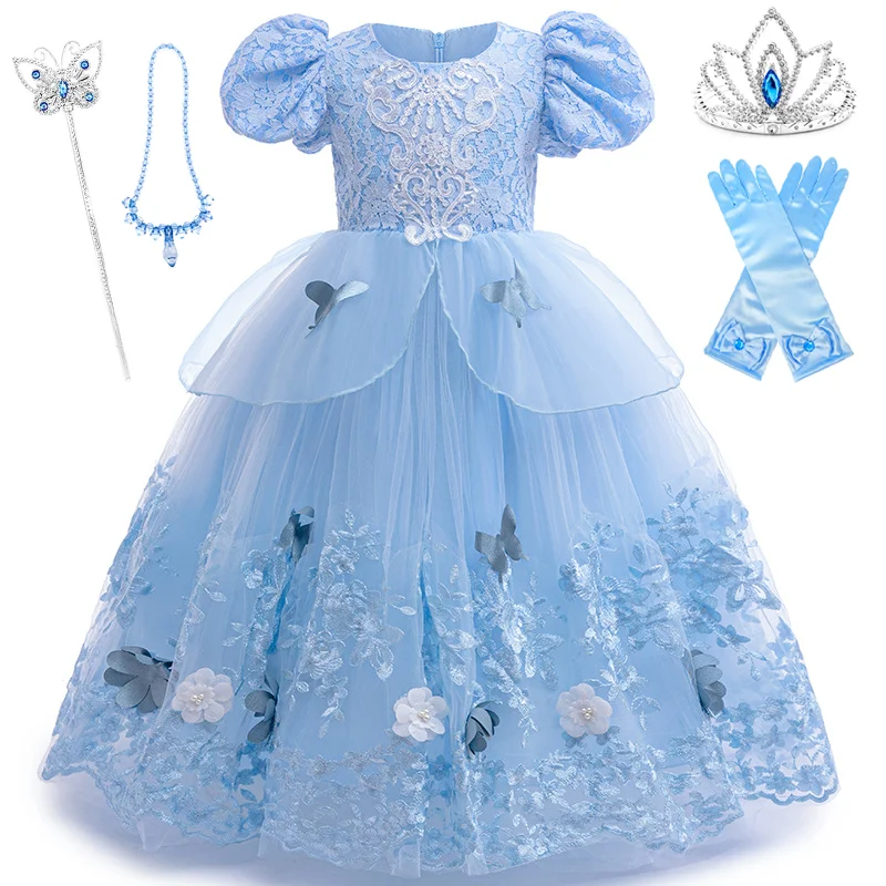 

Костюм Золушки для косплея, детское платье принцессы-бабочки с короной, перчатки для девочек, наряд для выпускного вечера на Хэллоуин, день рождения