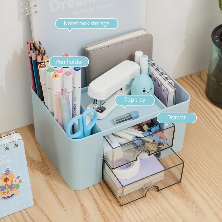منظم مكتب مع حامل أقلام رصاص متعدد الوظائف بدرجين لمنظمي المكتب والتخزين مع 7 مقصورات لسطح المكتب