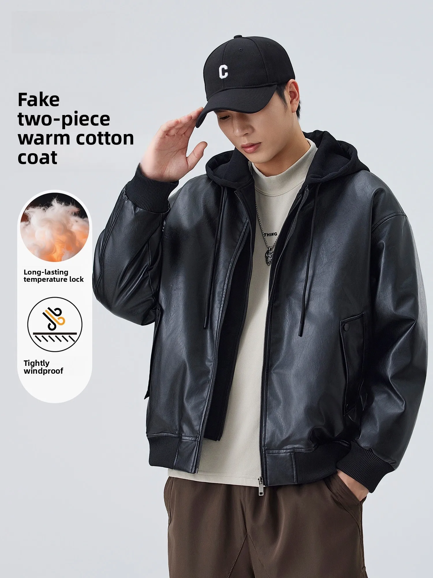 

Bal American Sle Thiened PU Leather Cotton Jaet Men's Winter Street Sle Haome Hooded Coat Warm Youth Faion