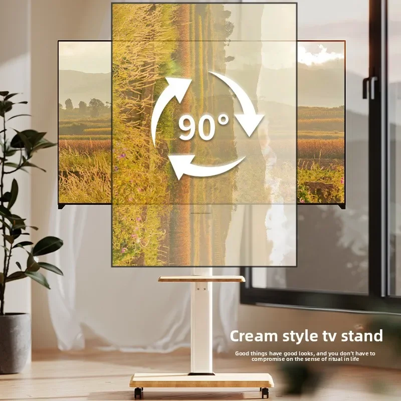 Floor TV Mount with Landscape & Portrait Rotation, Mobile Solid Wood Storage TV Cart