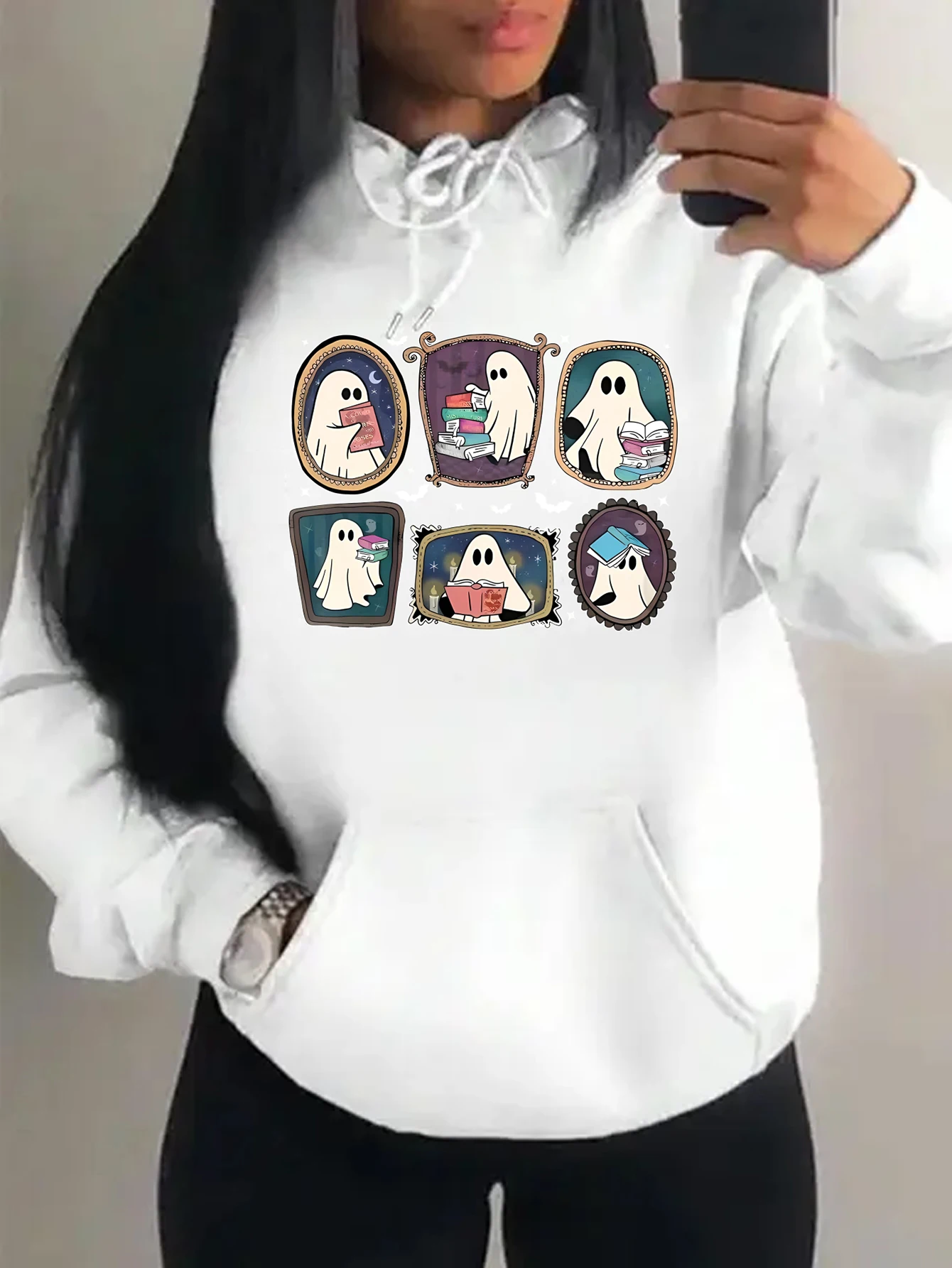 A Ghost Who Loves Reading Books Pattern Women Streetwear Fashion Fleece Clothing Casual Soft Hoody Harajuku Loose Women Hoodies