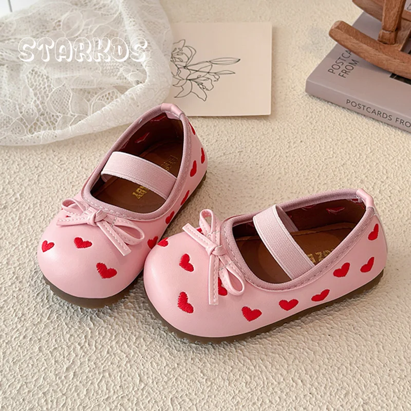 Red Heart Embroidery Leather Ballerina Shoes Baby Child Bowknot Elastic Band Ballet Flats Shoes Kid Girls Dress Shoes