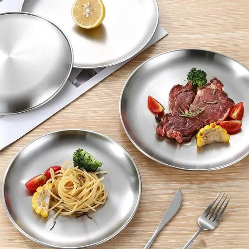 1Pc Stainless Steels Round Silver Shallow Tray Plate Rust-Proof 14/20/26/30CM Camping Plate BBQ Picnic Dishes Cookware