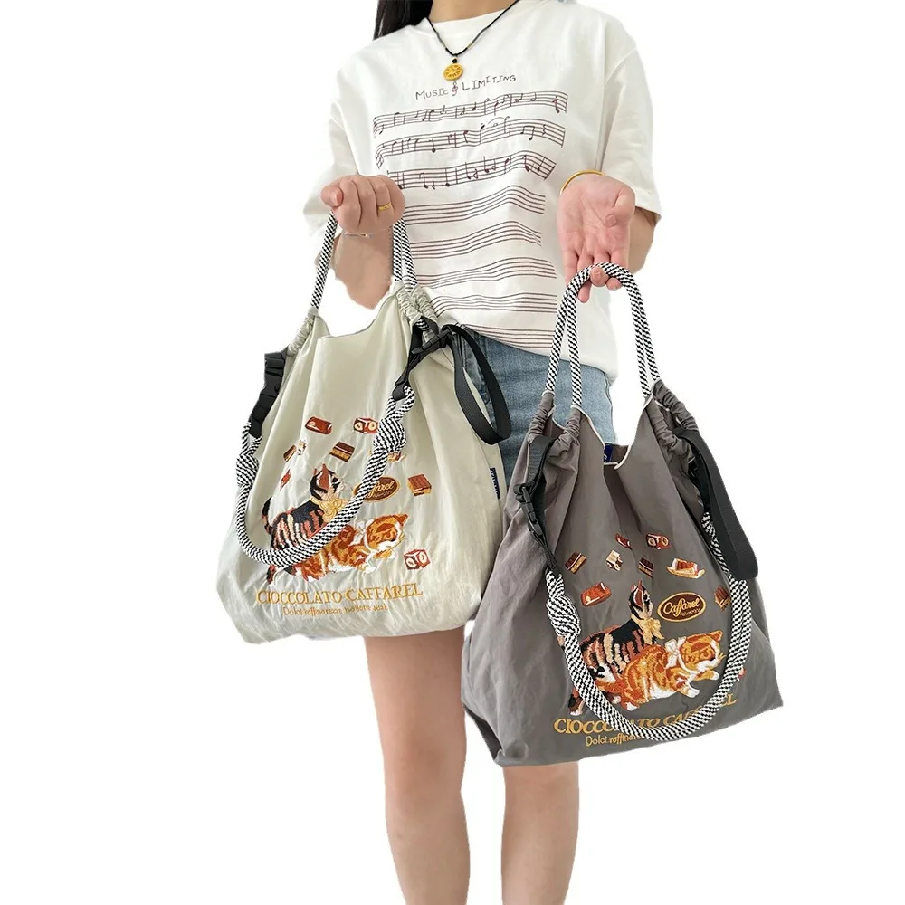

1pc Ball&Chain Astronaut Environmental Bag Kawaii Nylon Canvas Embroidery Large Capacity Shoulder Bag Shopping Bag Girls Gifts
