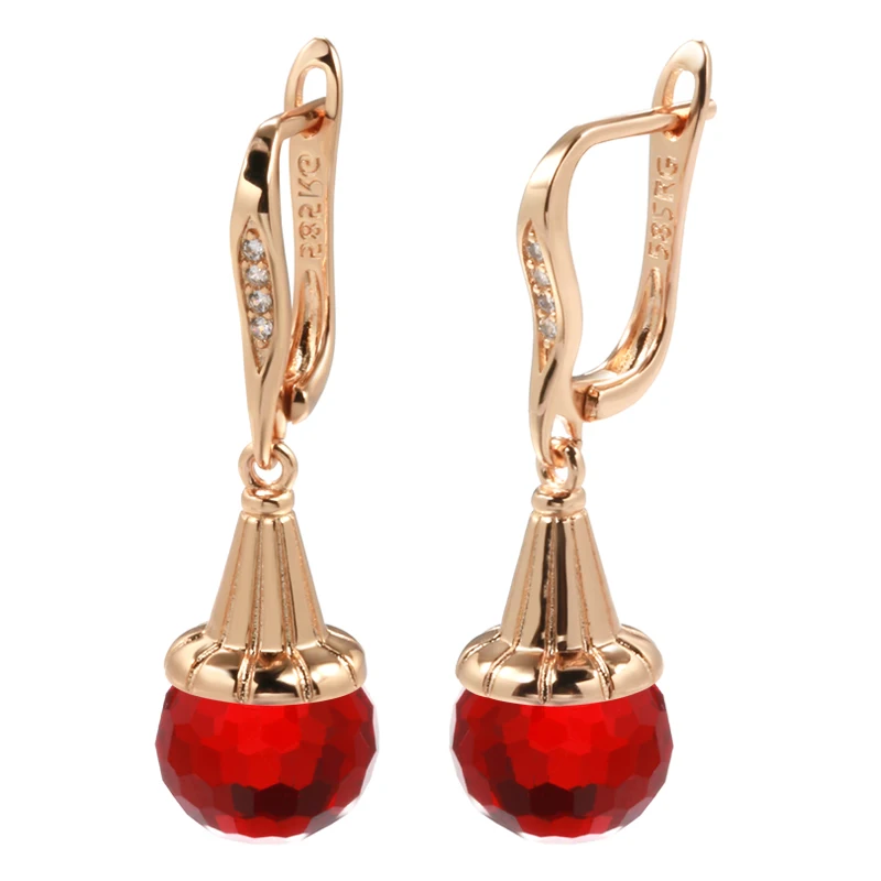 New 585 Rose Gold Glass Ball Drop Earrings Deep Red Football Cut Blue Crystal Hang Ear Long Earrings Lady Party Unusual Jewelry