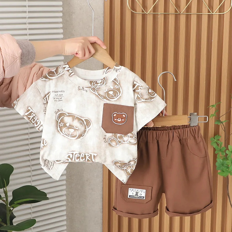 Childrens Summer Suits 2025 Korean Baby Boy Clothes 18 To 24 Months All Over Print Short Sleeve T-shirts and Shorts Boys Outfits