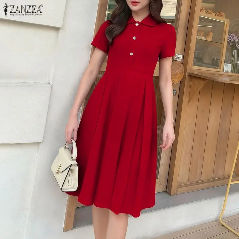

Elegant Short Sleeve Lapel Neck Office OL Dresses ZANZEA Women 2026 Summer Dress Stylish Solid A Line Pleated Work Midi Vestidos