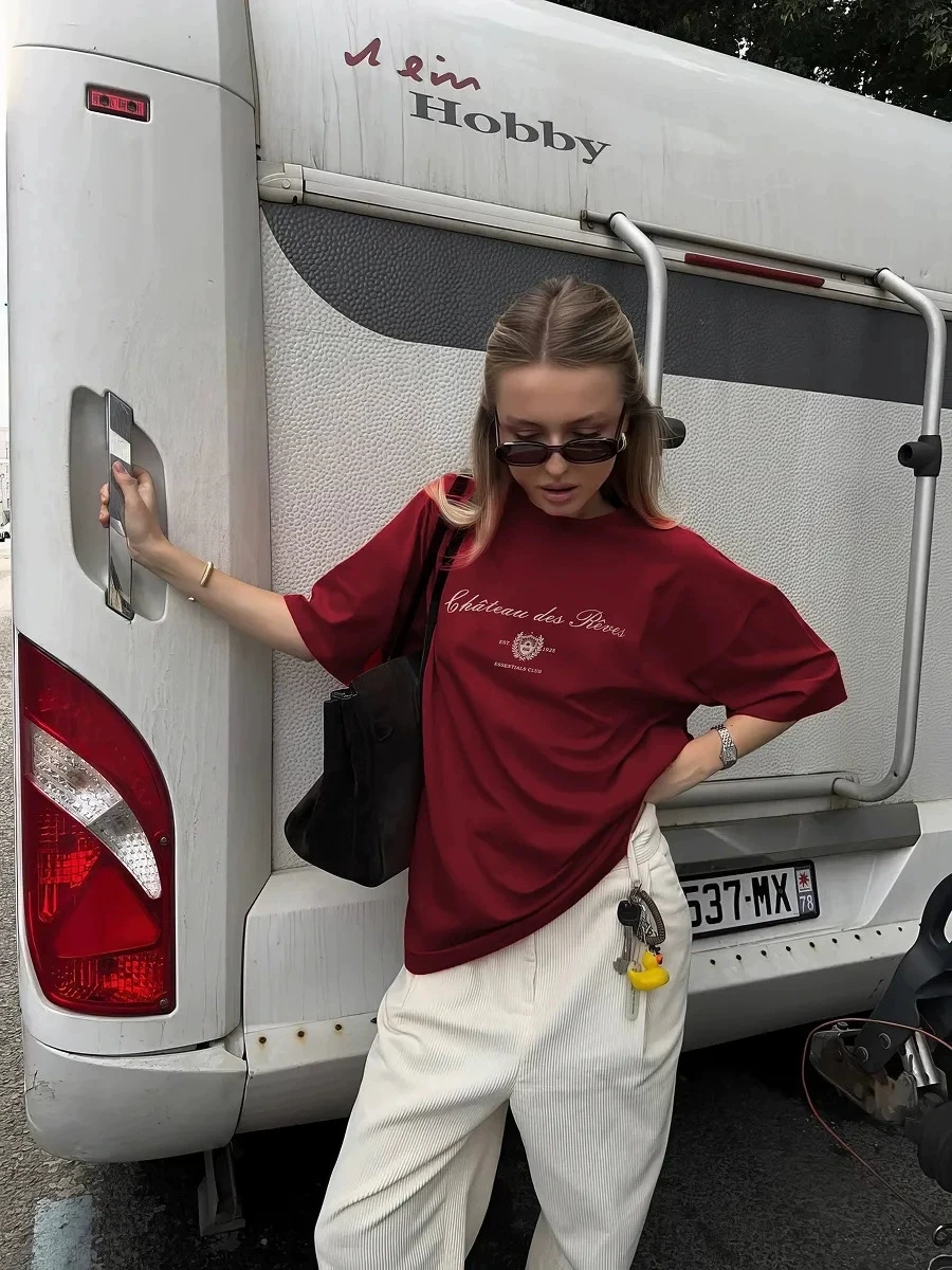 패셔너블한 루즈핏 프린트 티셔츠 반팔 캐주얼 탑 여성용 면 라운드넥 티셔츠 편안하고 통기성 좋은 여름옷