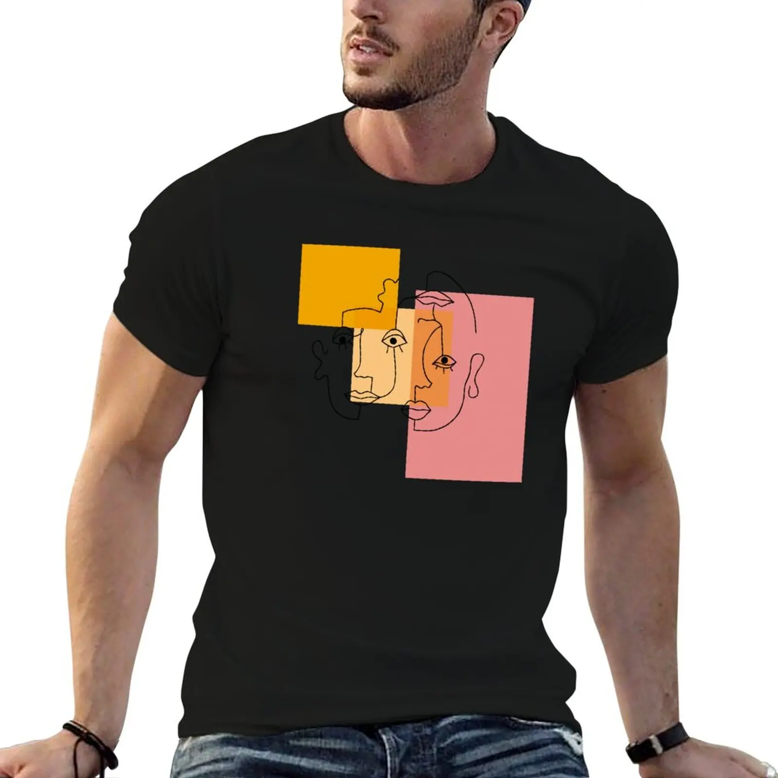 

COLOR BLOCK LINE FACES T-Shirt cotton t shirts high quality anime tshirt man t shirt cotton T-Shirt