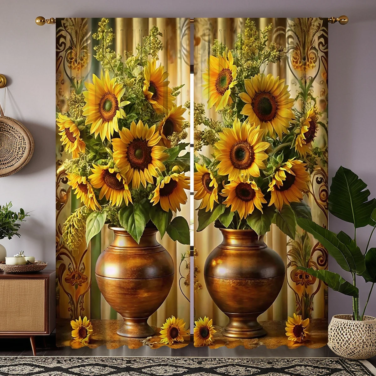 2pcs HD digital curtains printed yellow tied jar sunflower flower home decoration style decorate living room bedroom wear rod