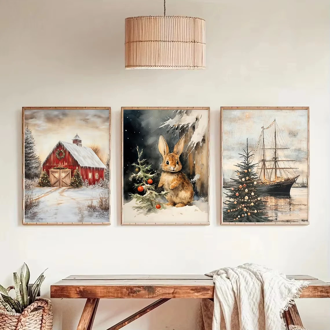 Modern winter scenery festival wall painting, snowy cabin, pine tree, white horse, canvas painting print, Christmas home decor