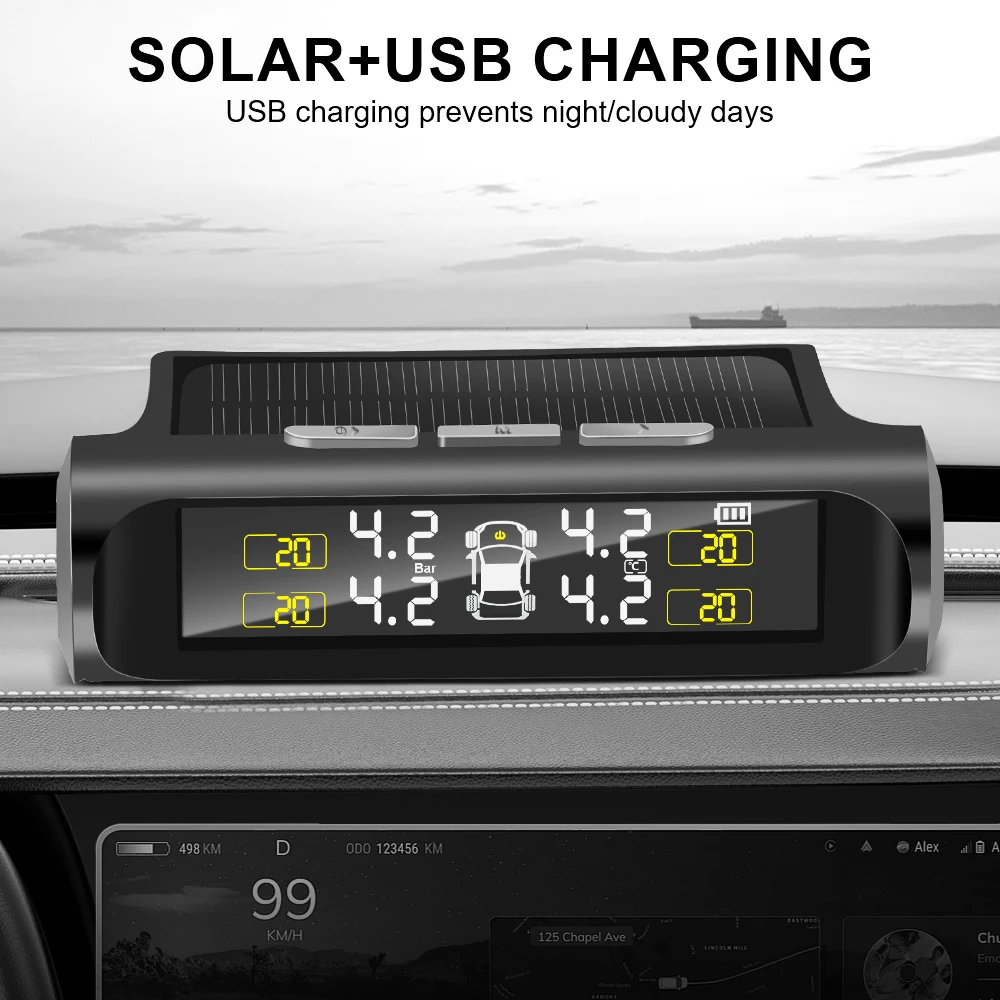 Tyre Pressure Auto Security Alarm External Sensor Digital LCD Display 2025 Car TPMS Tyre Pressure Monitoring System Solar Power