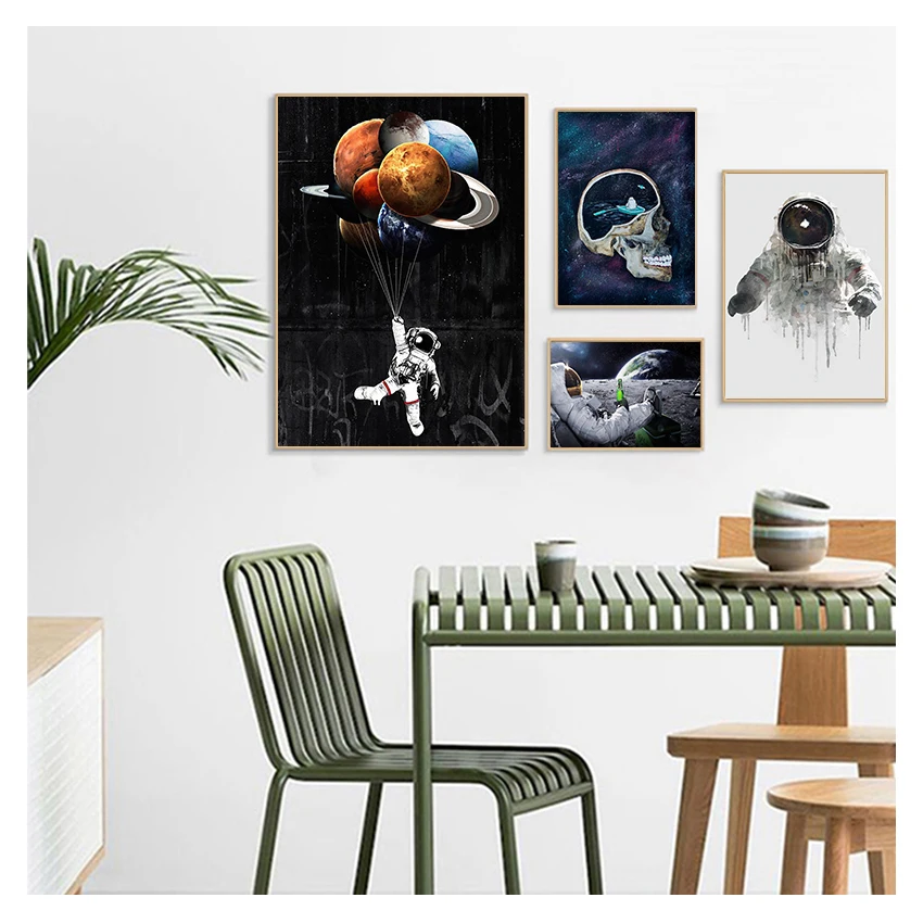 Relaxing on Outer Space Moon Drinking Beer Wall Pictures HD Printed Posters for Living Room Funny Canvas Paintings Astronaut