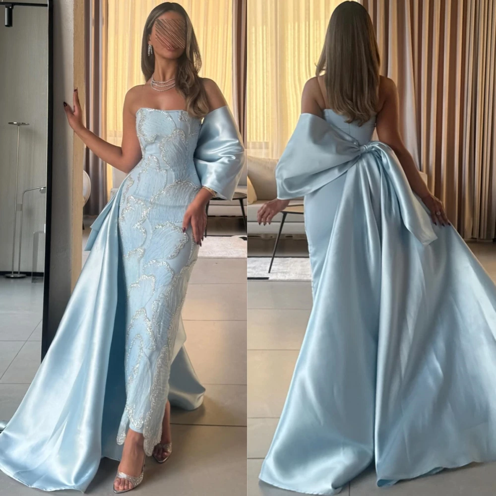 

Customized Elegant Strapless Appliques Evening Dress Delicate Jersey Prom Dress Temperament Court Train Special Occasion Gown