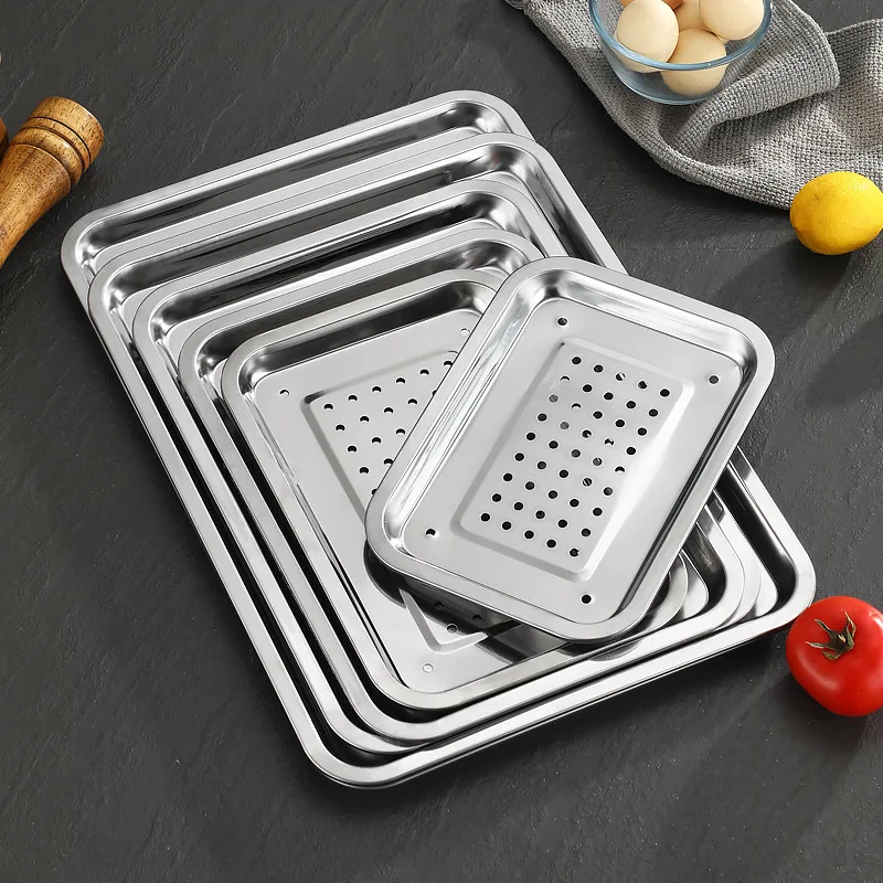 Stainless Steel Rectangle Hollow Drain Tray Thickened Fruit Vegetables Storage Plate Oil Water Filter Pan Kitchen Accessories