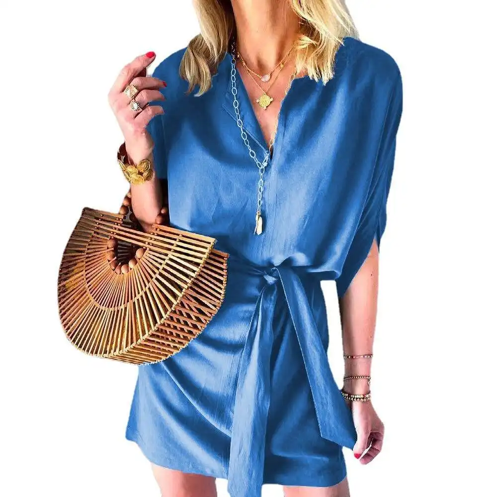 Zomer Nieuwe Dames Veters Satijn Casual Kleur Dr V Ne midden Taille Vijf Sve Polyestervezel Enkel Stuk Grote Schommel pe