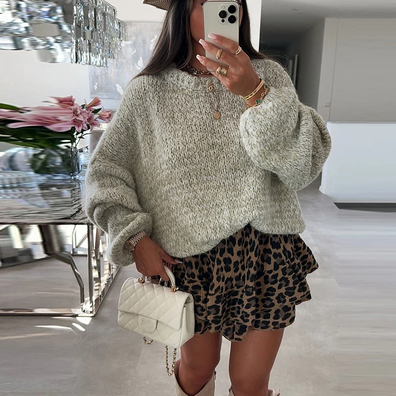 Ladies Elegant Woolen Crew-neck Commuter Sweater All Match Long Sleeve Loose Jumper 2024 Women Solid Furry Winter Knit Pullover