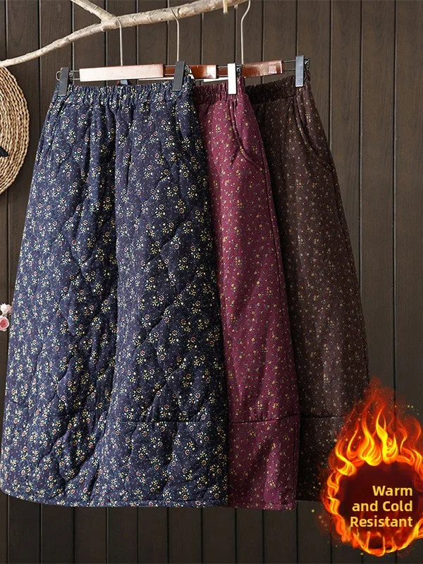 

High Waist Thiened Cotton f Skirt Women's plus Size Elastic Waist Floral Print A-Line Skirt Artistic Commute Sle