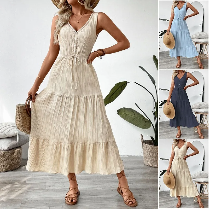 Women's Pleated Textured Bohemian Long Dress, Sleeveless V-Neck Tie-Waist Ruffled Layered Vacation Dress