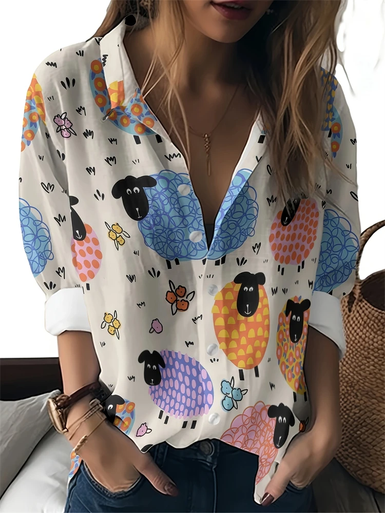 

Женский милый топ с принтом овцы, весна-лето, элегантная женская рубашка с длинным рукавом, повседневная свободная рубашка на пуговицах, повседневная уличная рубашка