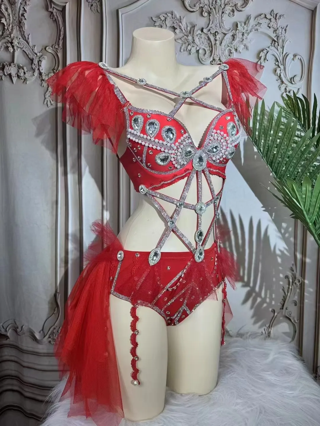 Women's Fashion Sexy Red/Pink Rhinestones Bikini Bodysuit Nightclub Bar DJ Disco Dance Performance Stage Rave Outfit Wear