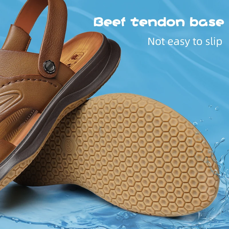 LAORENTOU genuine leather breathable sandals for men's summer casual sandals with thick soles and non slip cow tendon soles