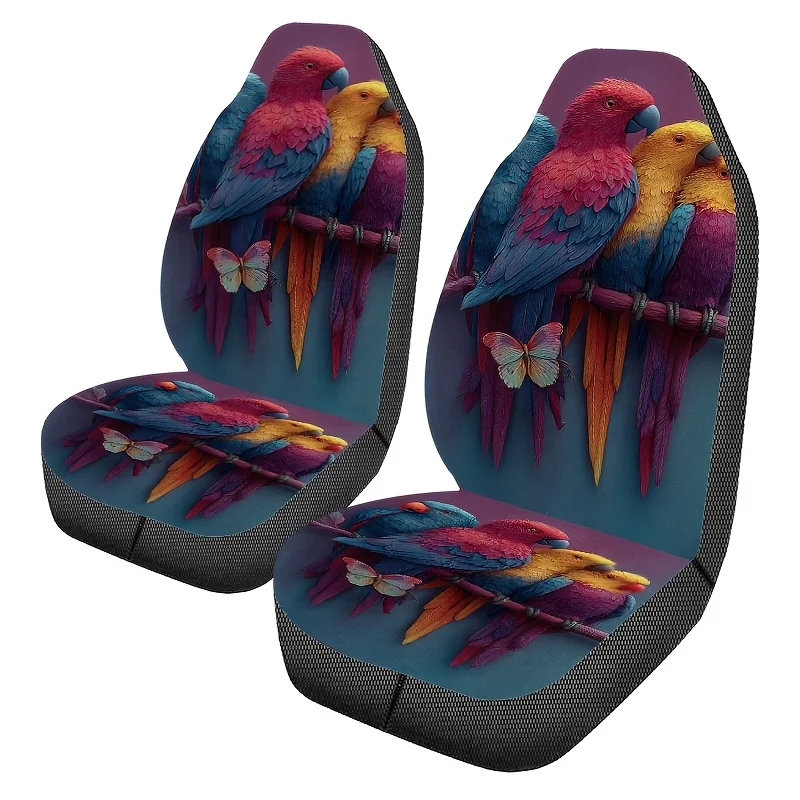 2pcs Colorful Parrot Print Car Seat Covers, Easy-Clean Unisex Front Seat Protectors, Fashionable Car Accessories, All-Season Fro