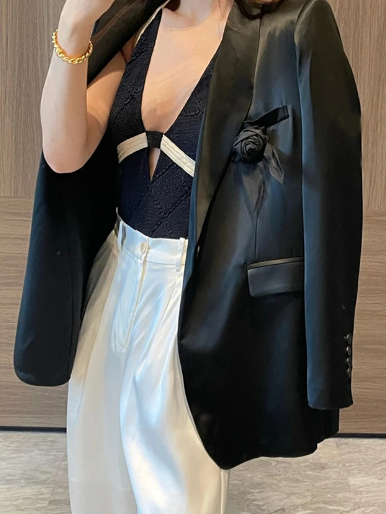 Fashion Commuter Acetate Satin Blazer Coat Women\'s 2023 Autumn High Quality Black Rose Pin Loose Temperament Suit Jacket