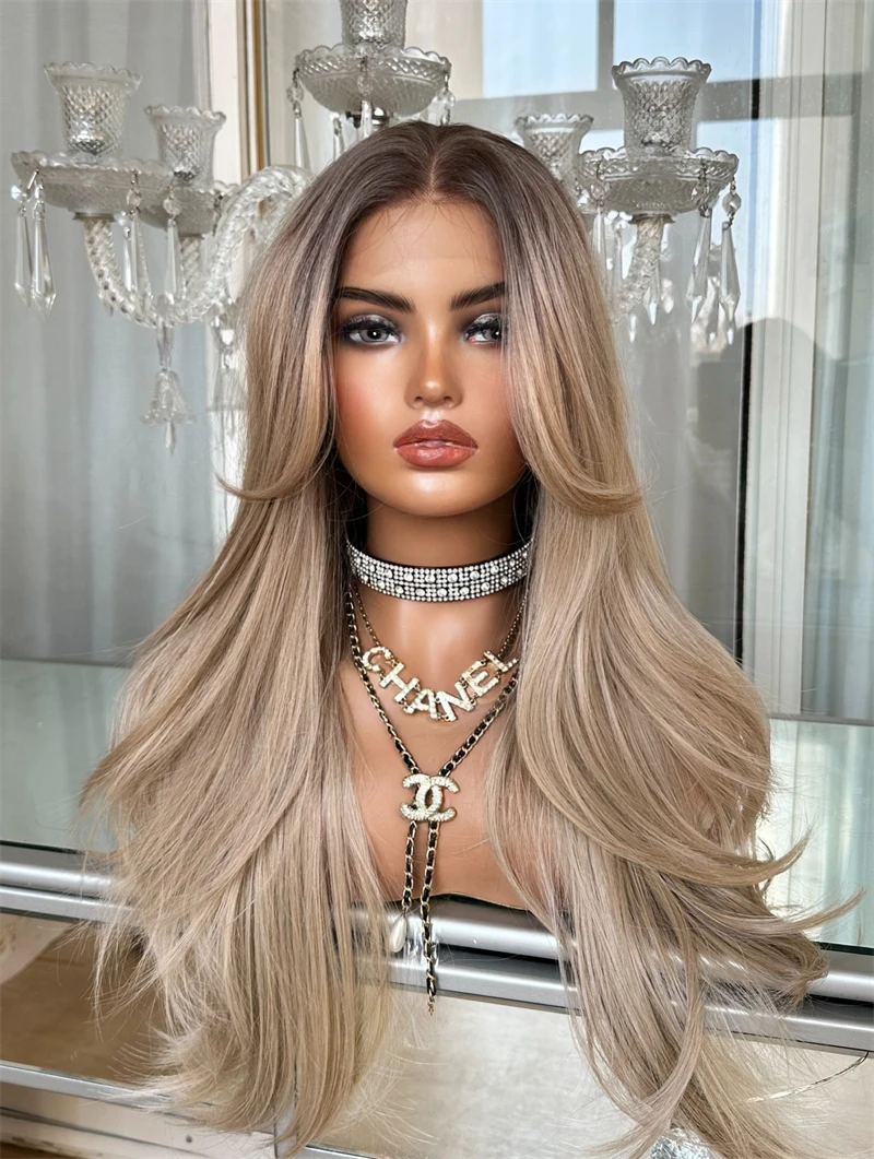 Middle Part 13x4 Ombre Ash Blonde Highlights HD Invisible Synthetic Lace Front Wig with Roots Heat Resistant Fiber Wig Party Wig