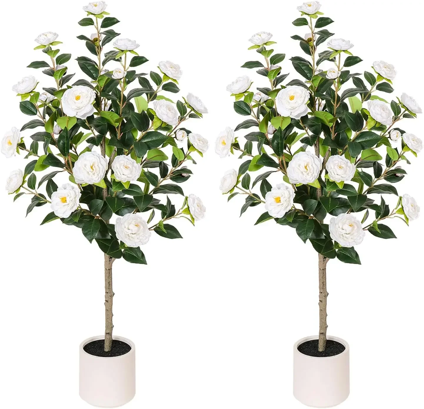 47 inch Artificial Camellia Tree with White Flower Pots -2 Pack White Fake Tree,4 Ft Faux Plants Indoor wich Blooming,Artificial