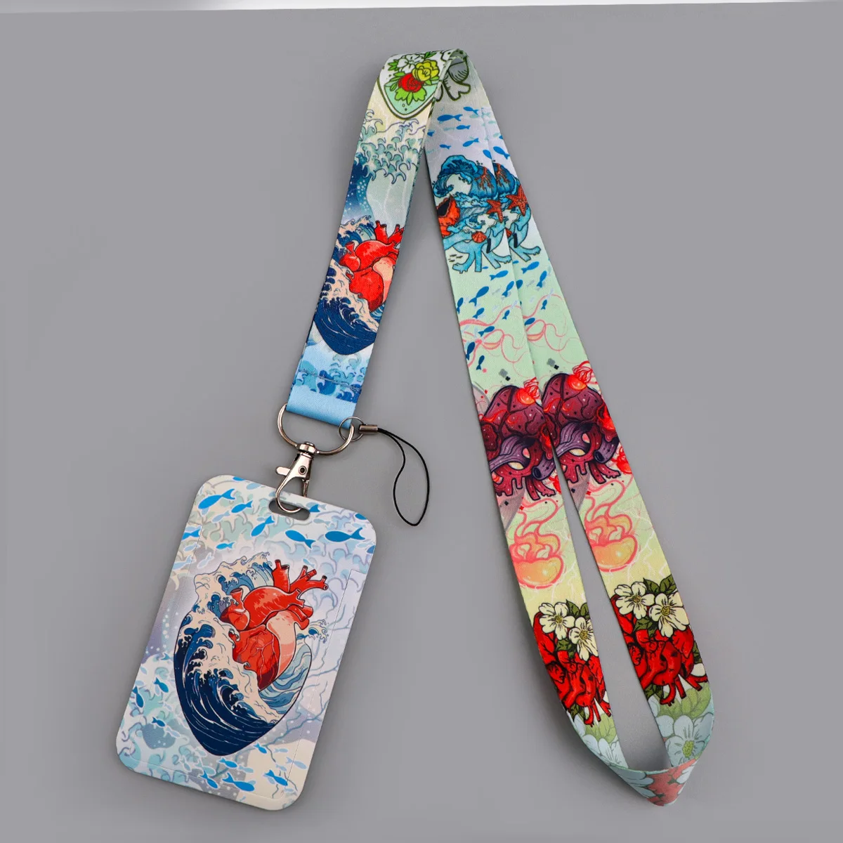 Japanese Wave Heart Lanyard Card Holder Hanging Mobile Phone Charm Neck Straps Badge Holder Key Holder Accessories