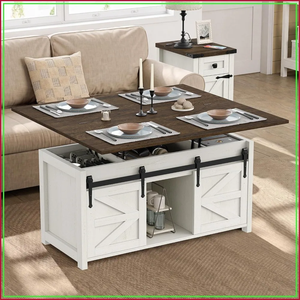 Lift Top Coffee Table with Storage, 4-in-1 Farmhouse Wood Center Table, Sliding Barn Doors, Antique White