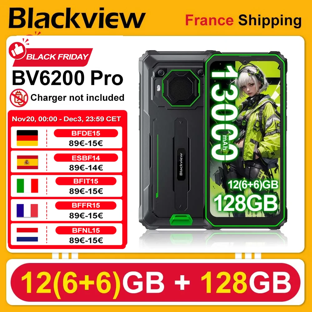Blackview BV6200 Pro [pas de chargeur UE] Smartphone robuste Android 13 12 Go (6 + 6) 128 Go 13000 mAh 6,56", 13 MP, double SIM 4G GPS