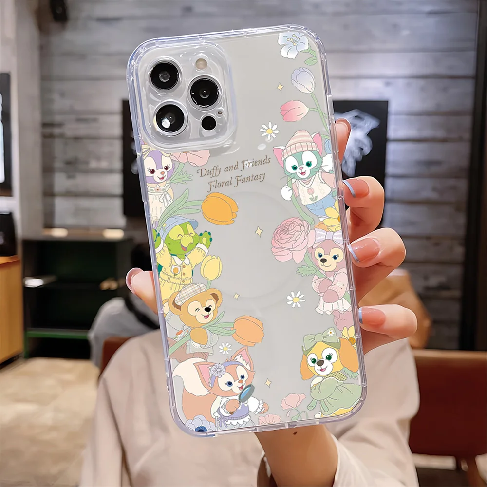 MINISO Disney Duffy And Friends Bear For IPhone 16 15 14 13 12 11 Pro Max Plus Transparent Magnetic Suction Phone Case