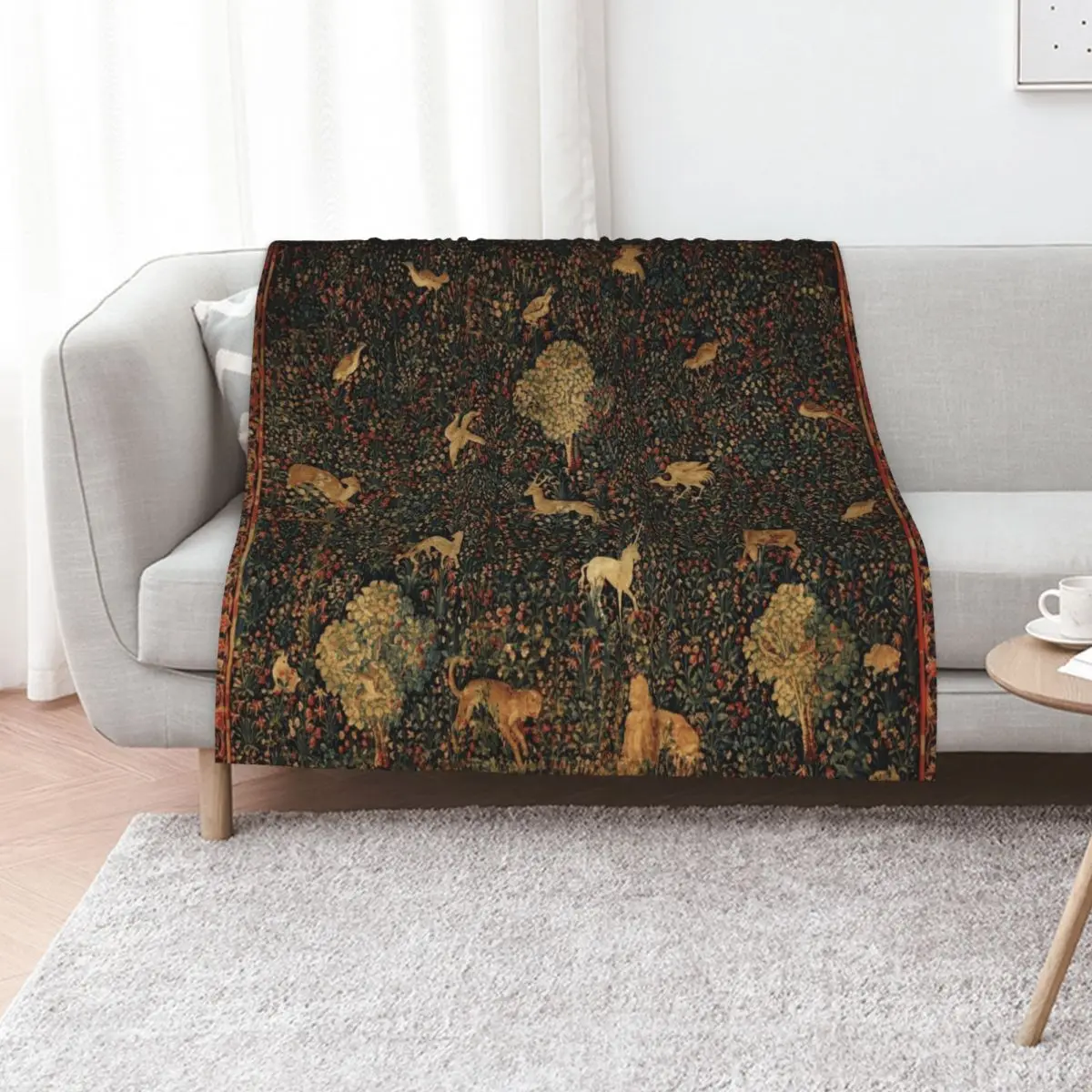 UNICORN AND MEDIEVAL BESTIARY Millefleurs Red Green Floral Tapestry ,Forest Animals, Throw Blanket Heavy For Baby Blankets
