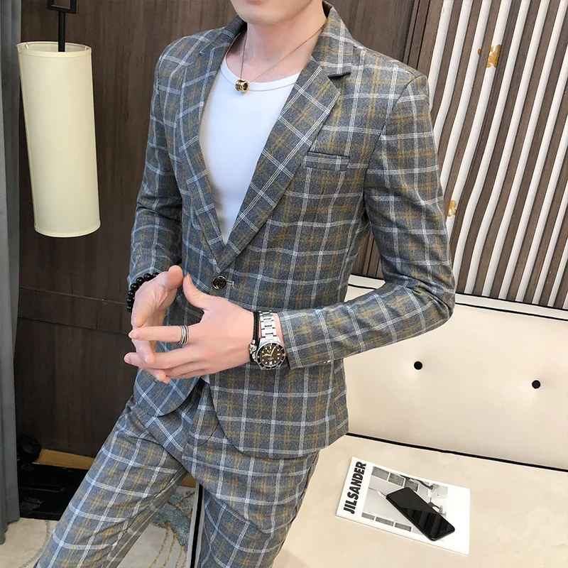 2024 Spring New Men\'s (suit + Trousers) Korean Version Slim Fashion Handsome Trend Hair Stylist Social Guy Two-piece Set