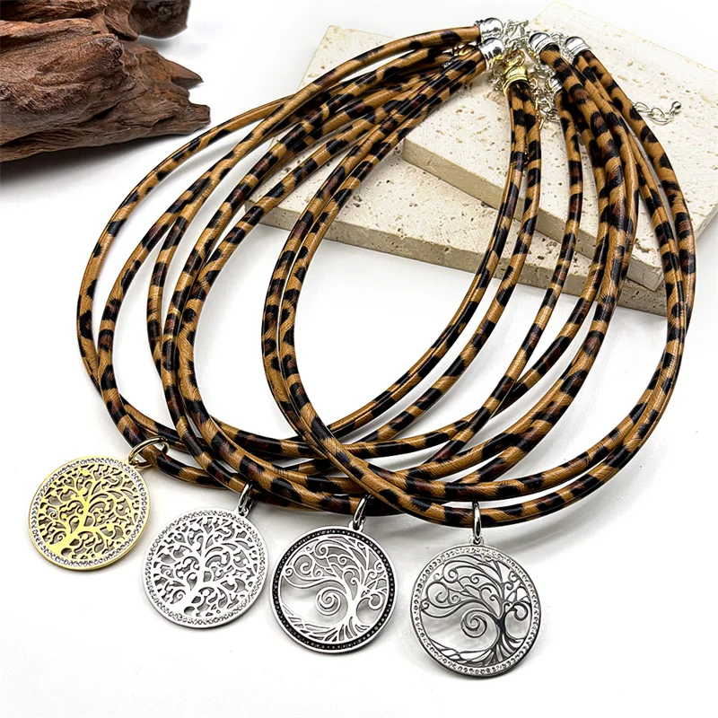 

Stainless Steel Tree Of Life Rhinestones Pendant Necklace for Women Girl Silver Color Leopard Print Pu Choker Chain Jewelry
