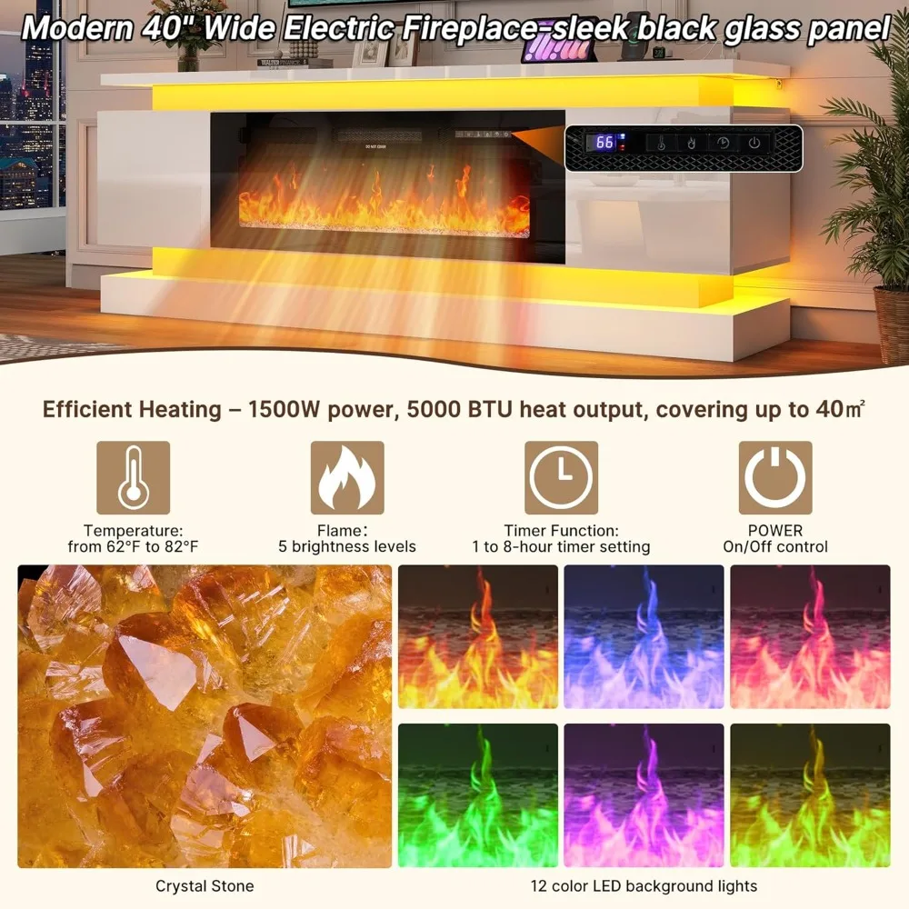 حامل تلفزيون مدفأة 71 بوصة مع مخرج طاقة مدفأة 40 بوصة لتلفزيون 85/80/75 بوصة، وحدة تحكم تلفزيون حديثة لامعة عالية الألعاب #3