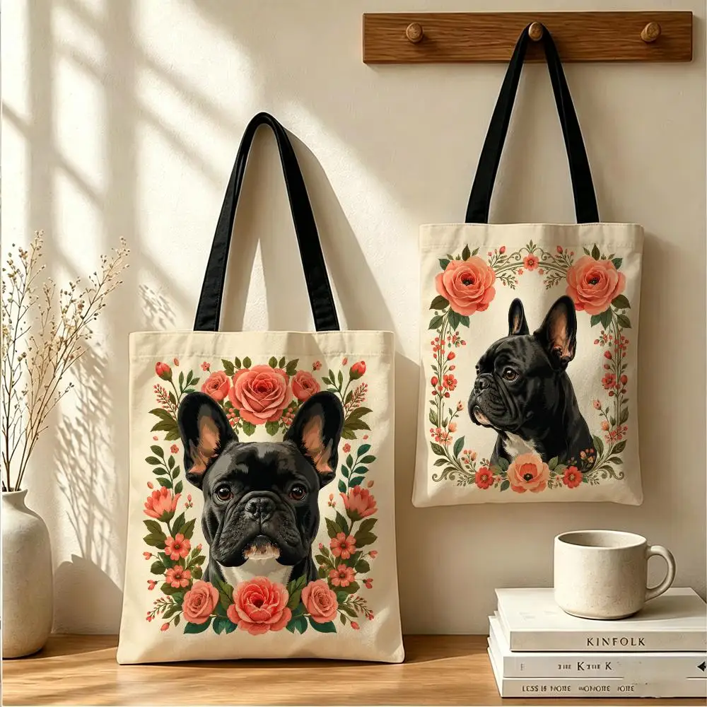 French Bulldog Portrait Storage Bags Large Capacity Canvas Tote Bag Reusable Shoulder Handbag for Daily Shopping Travel