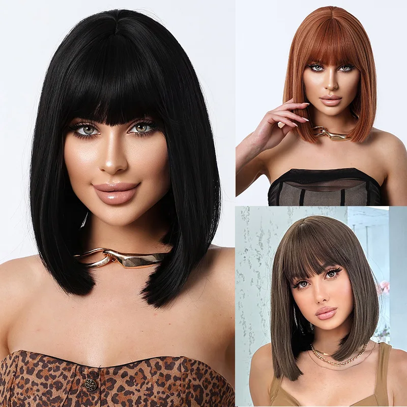 JOVIA Short Hair Bob Cut, Collarbone Length, Synthetic Natural Bob Straight Hair Wig with bangs
