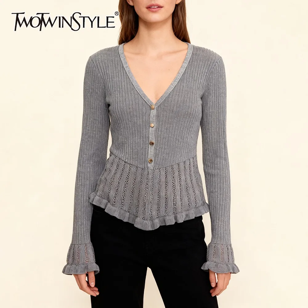 TWOTWINSTYLE French Gentle Spliced Fungus Edge Sweater for Women V Neck Ruffles Sleeve Hollow Slim Style Knitting Top Female New