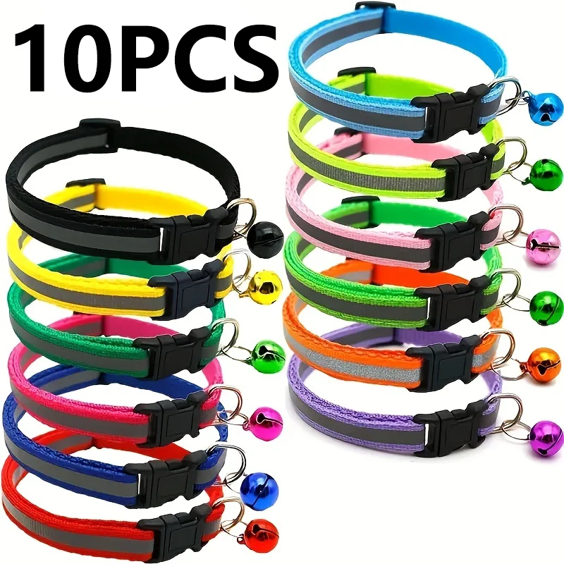 8pcs Reflective Pet Collar with Bell for Cats and Dogs - Keep Your Pet Safe and Stylish at Night